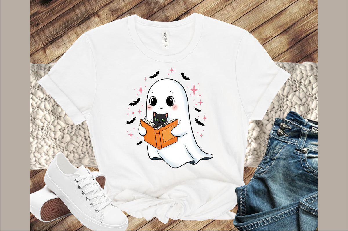 Cute Halloween Ghost Reading Book Black Cat PNG