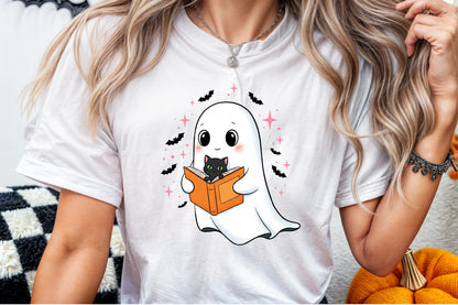 Cute Halloween Ghost Reading Book Black Cat PNG