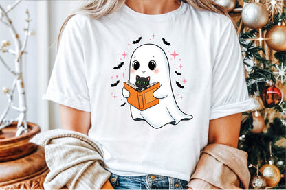 Cute Halloween Ghost Reading Book Black Cat PNG