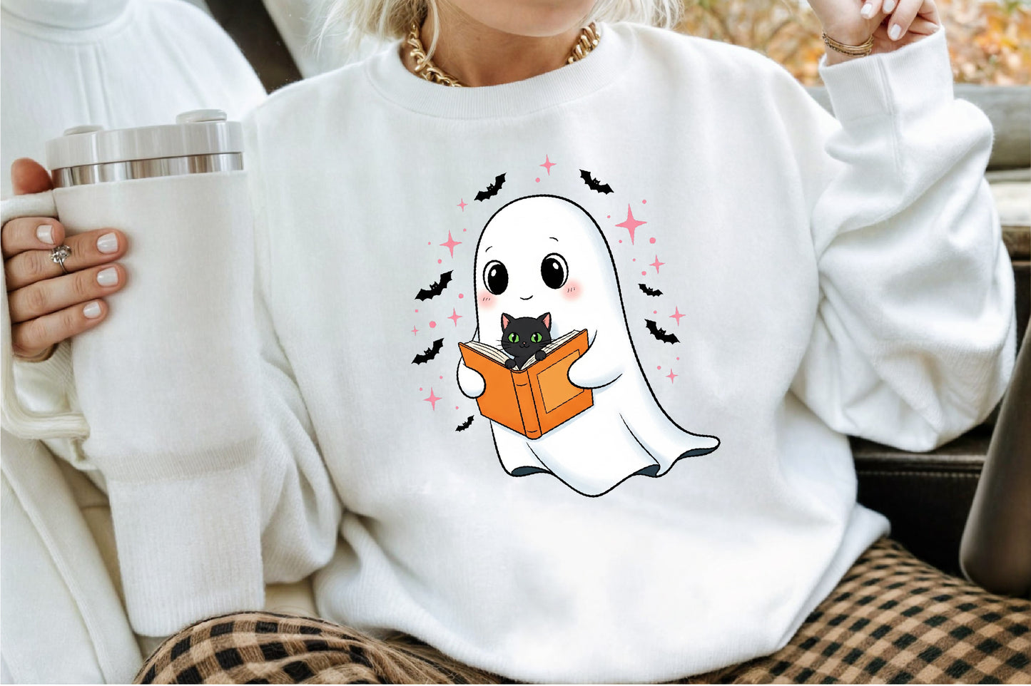Cute Halloween Ghost Reading Book Black Cat PNG