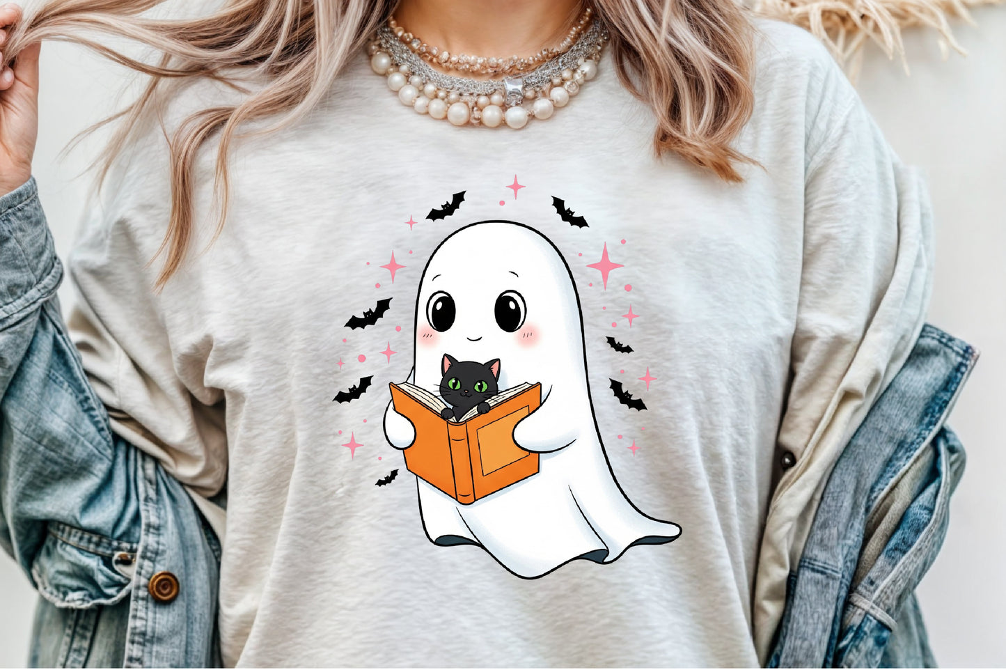 Cute Halloween Ghost Reading Book Black Cat PNG