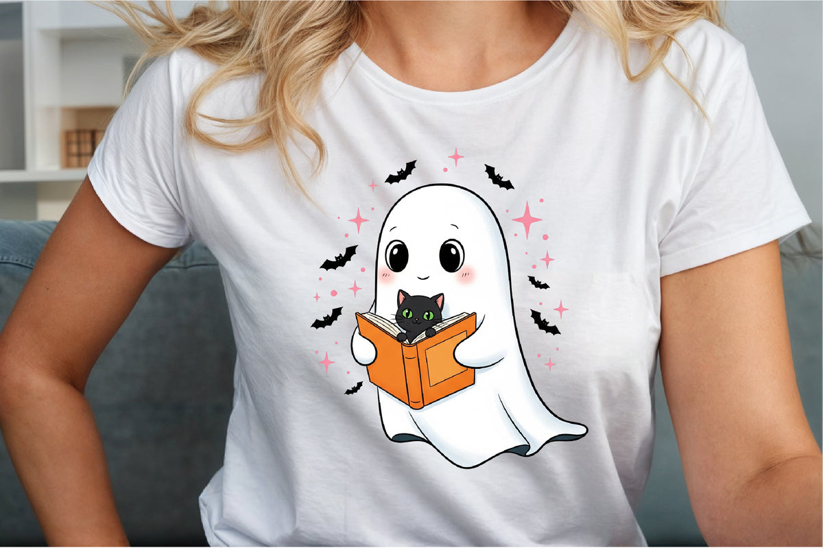 Cute Halloween Ghost Reading Book Black Cat PNG