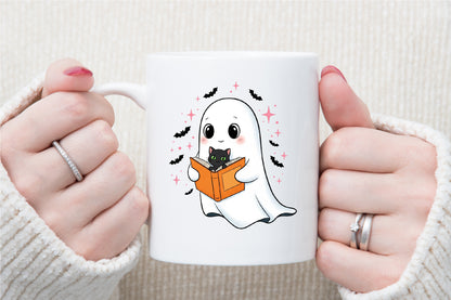 Cute Halloween Ghost Reading Book Black Cat PNG