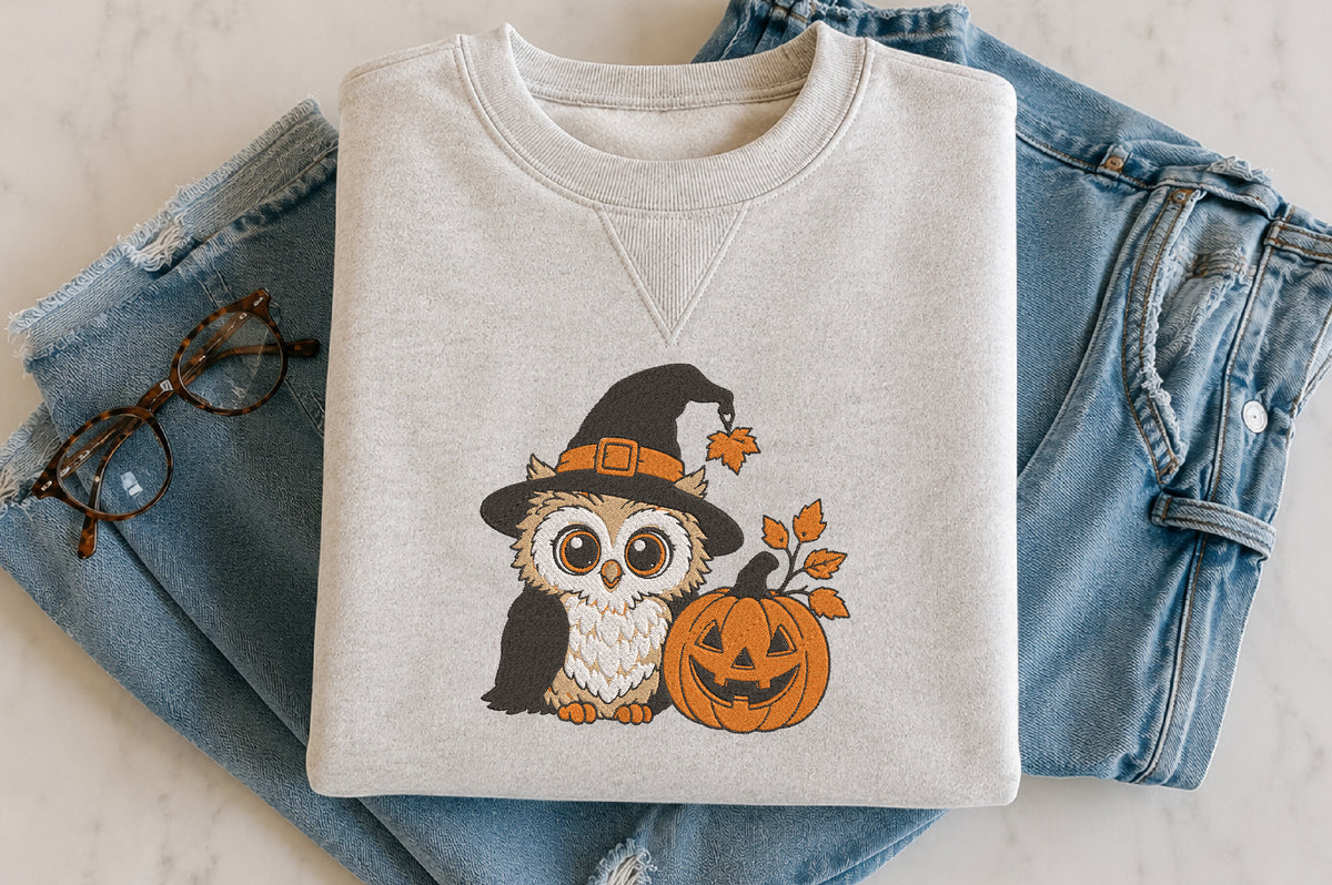 Cute Halloween Owl Embroidery Design – Adorable Spooky Owl Machine Embroidery Pattern, Halloween & Fall Embroidery Design