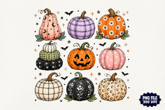 Cute Halloween Pumpkin PNG Bundle Boho Spooky Fall Sublimationc