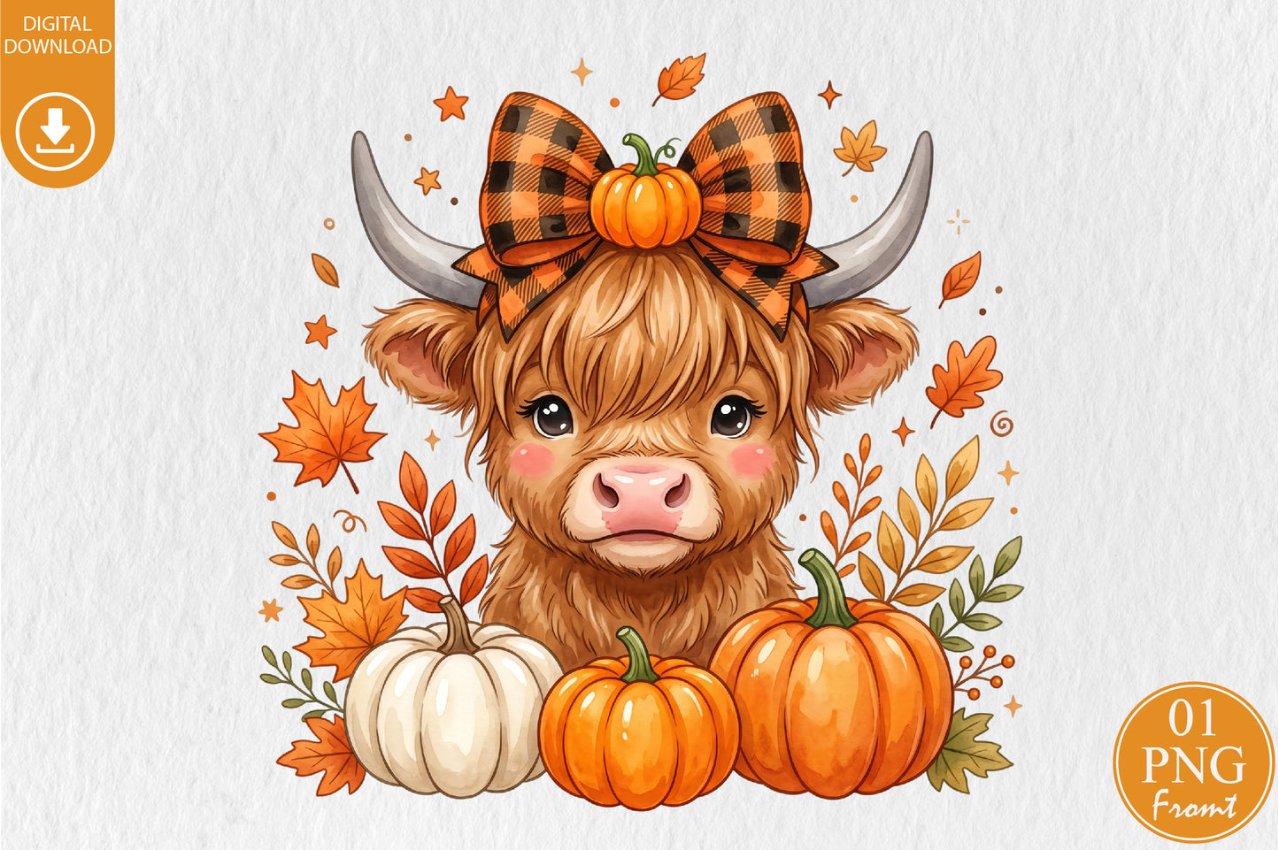Cute Highland Cow Fall PNG Autumn Pumpkin Sublimation Design