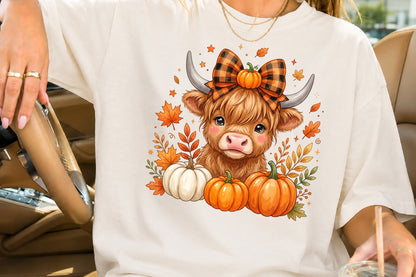 Cute Highland Cow Fall PNG Autumn Pumpkin Sublimation Design