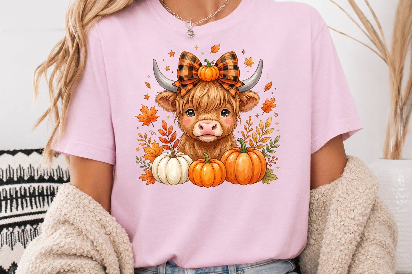 Cute Highland Cow Fall PNG Autumn Pumpkin Sublimation Design