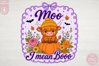 Cute Highland Cow Halloween PNG Moo Boo Autumn Sublimation Design