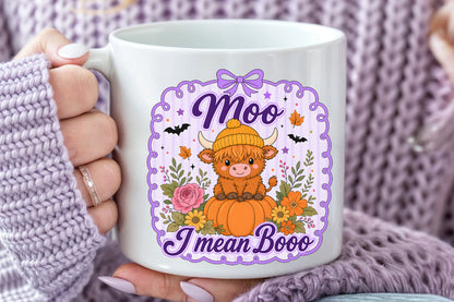 Cute Highland Cow Halloween PNG Moo Boo Autumn Sublimation Design