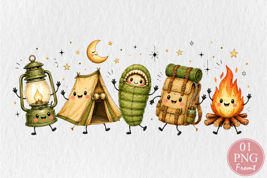 Cute Kawaii Camping Doodle PNG Lantern Tent Sleeping Bag Backpack Campfire Sublimation