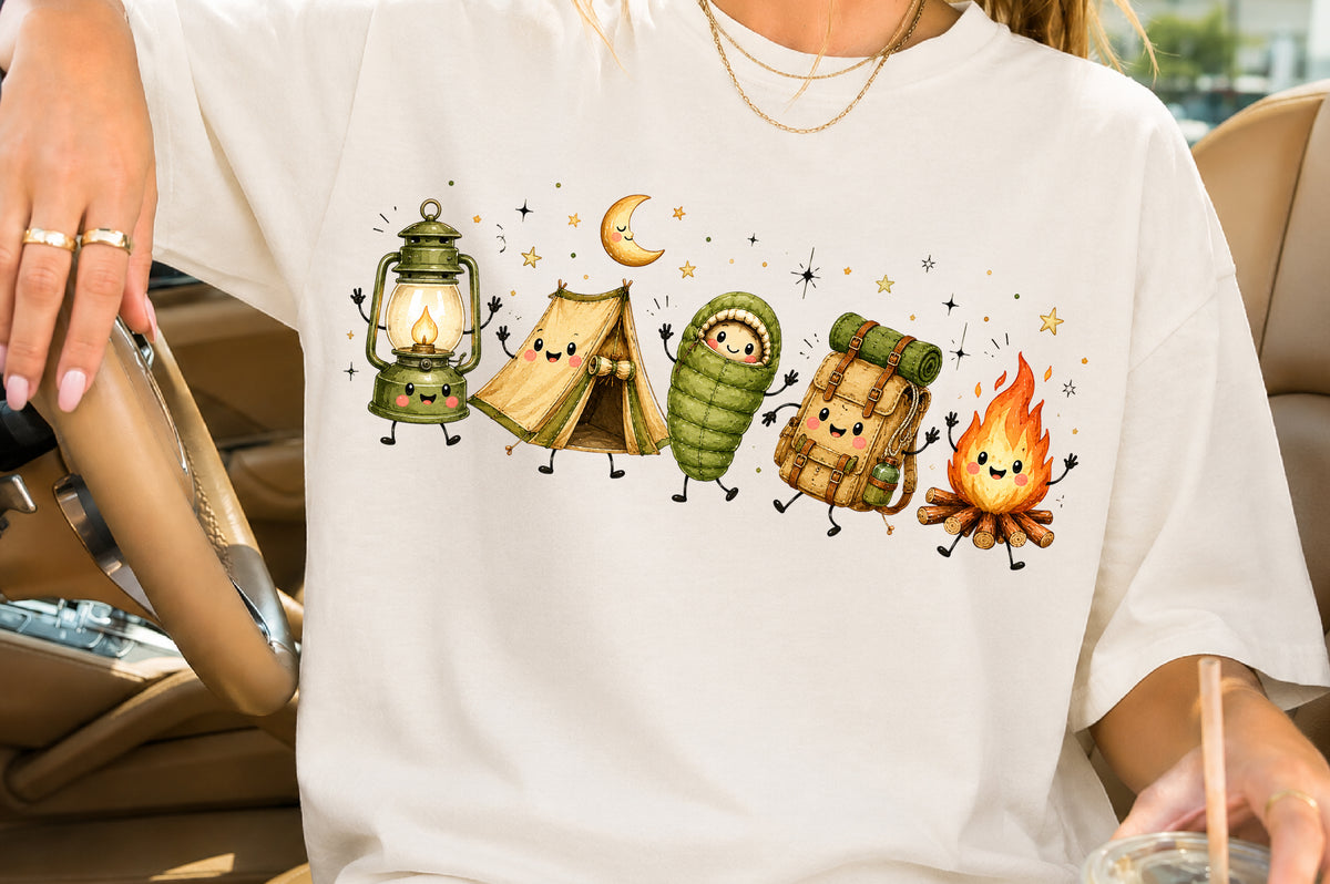 Cute Kawaii Camping Doodle PNG Lantern Tent Sleeping Bag Backpack Campfire Sublimation