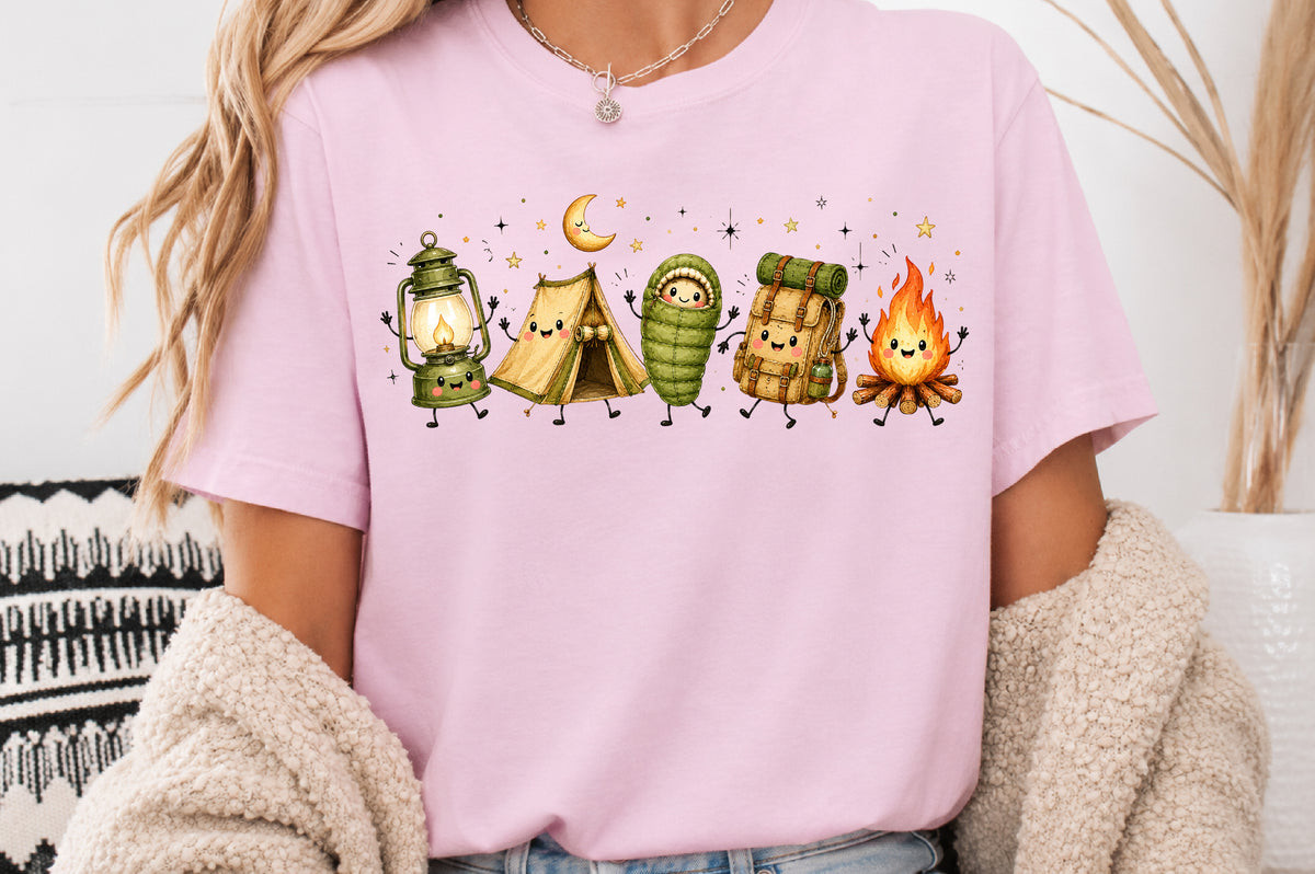 Cute Kawaii Camping Doodle PNG Lantern Tent Sleeping Bag Backpack Campfire Sublimation