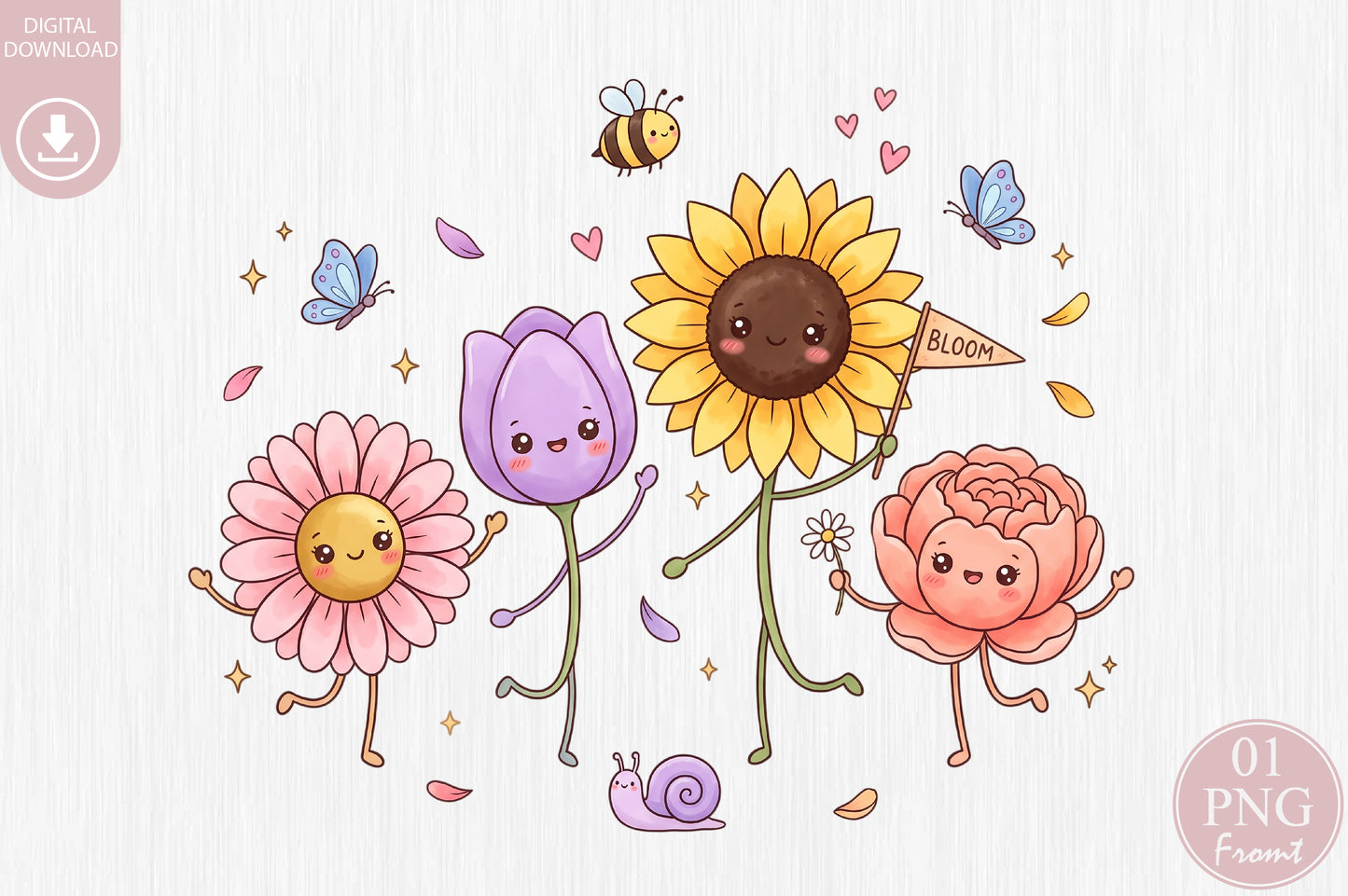 Cute Kawaii Flowers PNG Sweet Floral Sublimation Design