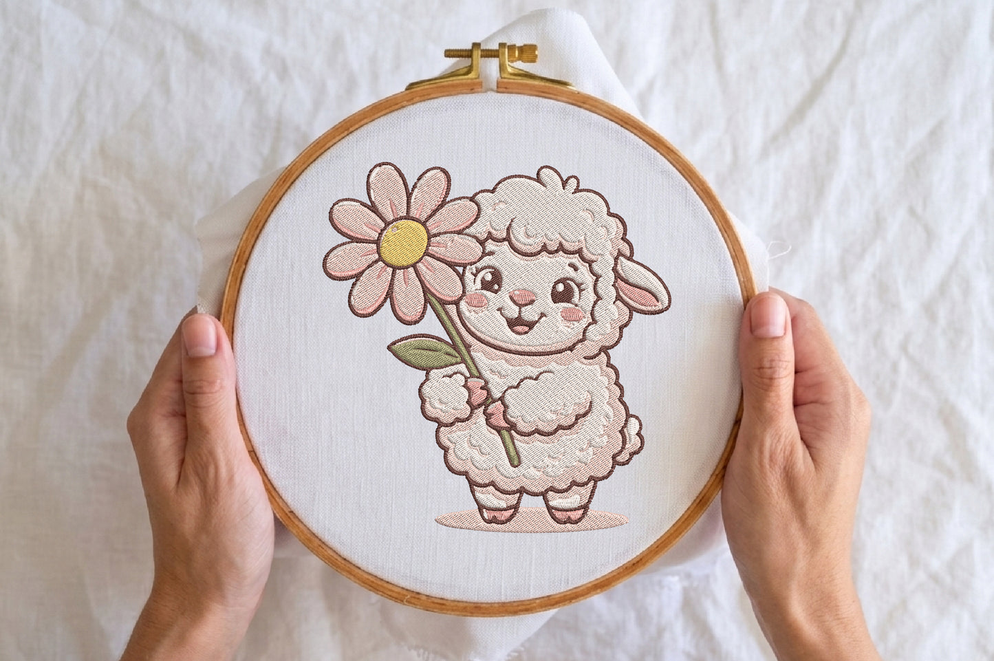 Cute Lamb with Daisy Flower Embroidery Design – Adorable Lamb & Floral Machine Embroidery Pattern, Farm Animal Embroidery Design