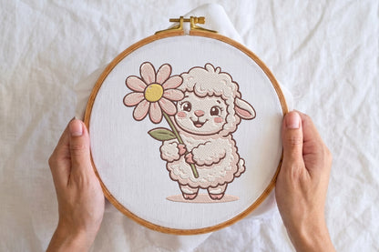 Cute Lamb with Daisy Flower Embroidery Design – Adorable Lamb & Floral Machine Embroidery Pattern, Farm Animal Embroidery Design