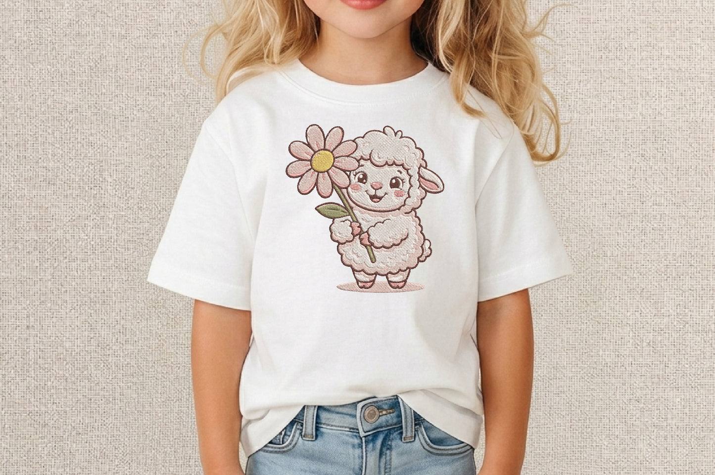 Cute Lamb with Daisy Flower Embroidery Design – Adorable Lamb & Floral Machine Embroidery Pattern, Farm Animal Embroidery Design