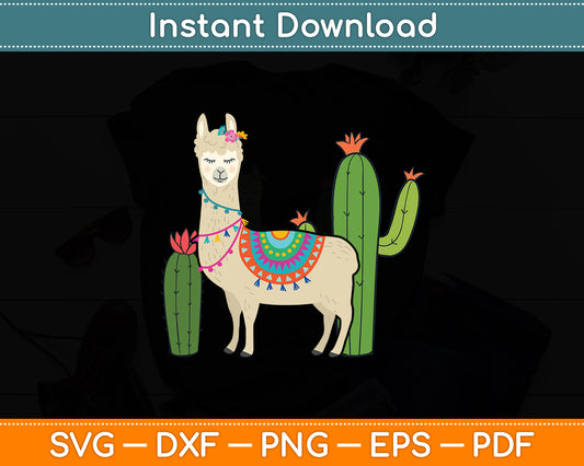 Cute Llama With Flower & Cactus Llama Lover Svg Digital Cutting File