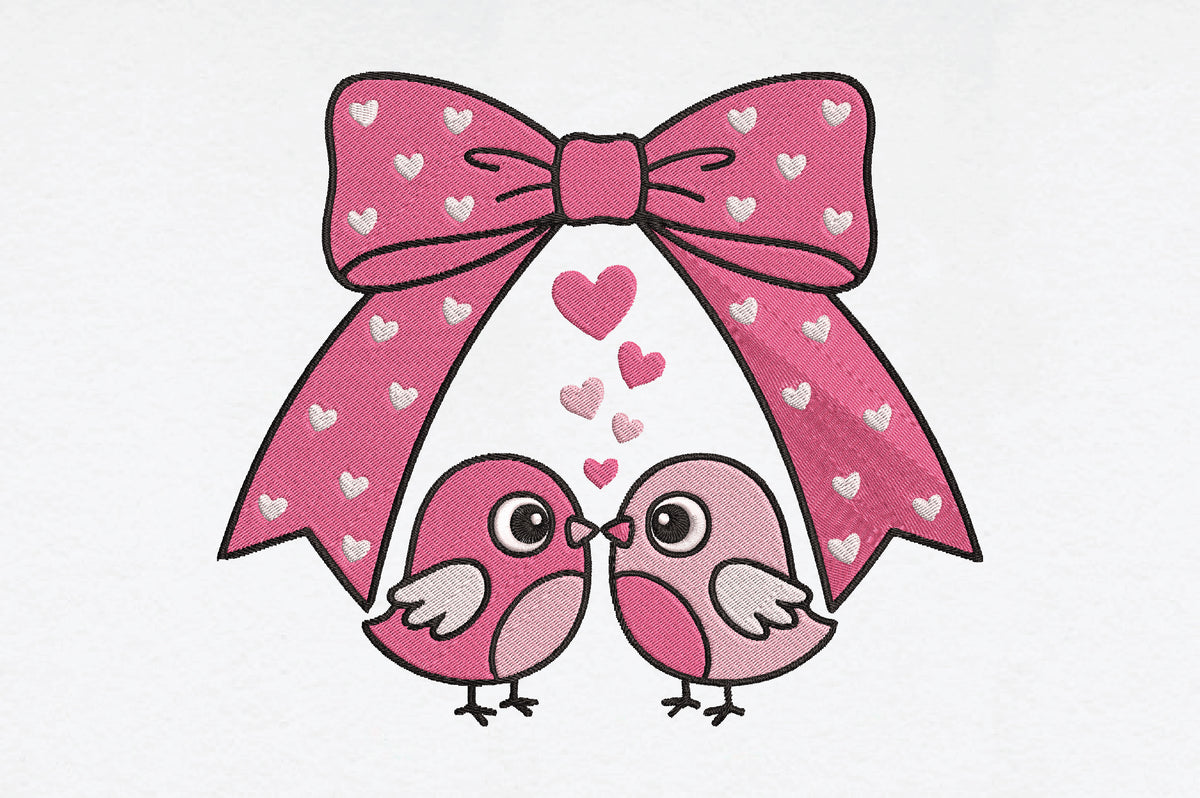 Cute Love Birds with Bow Embroidery Design