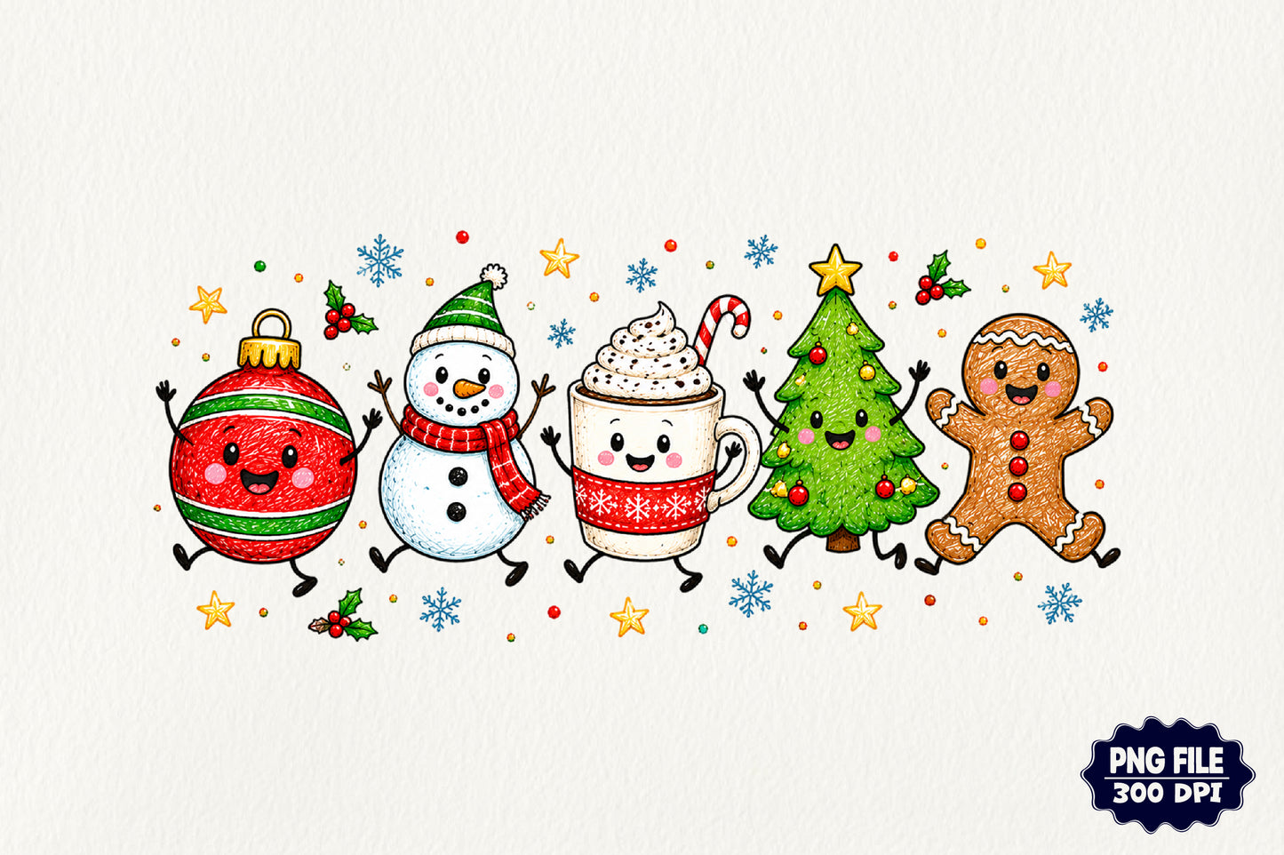 Cute Merry Christmas Doodles PNG Christmas Characters Sublimation