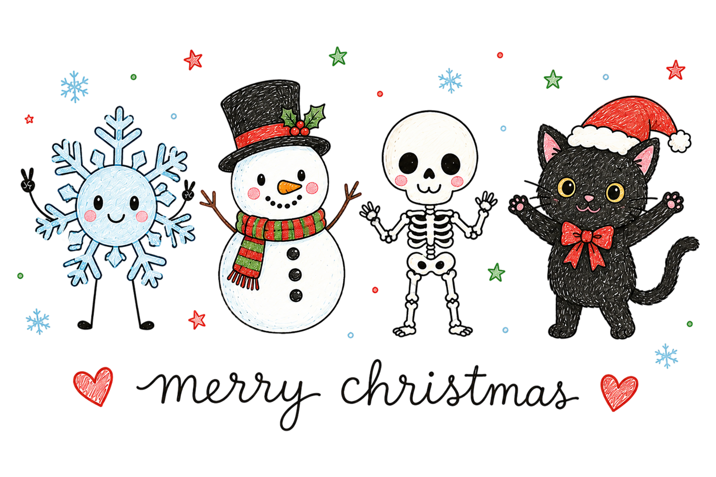 Cute Merry Christmas PNG, Snowman Skeleton Cat Christmas Sublimation Design