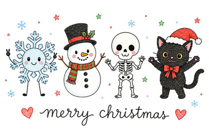 Cute Merry Christmas PNG, Snowman Skeleton Cat Christmas Sublimation Design