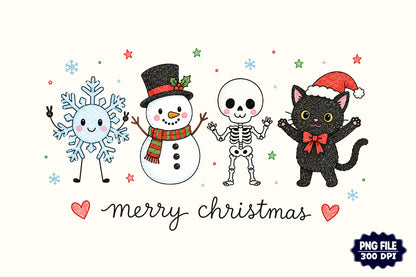 Cute Merry Christmas PNG, Snowman Skeleton Cat Christmas Sublimation Design