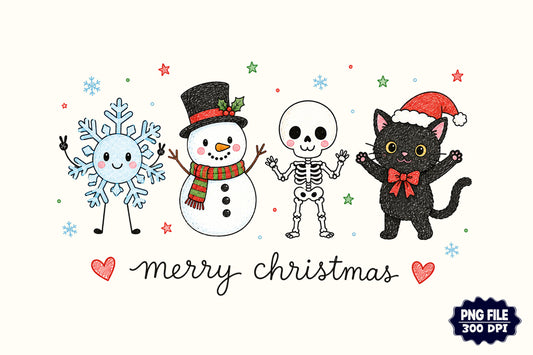 Cute Merry Christmas PNG, Snowman Skeleton Cat Christmas Sublimation Design