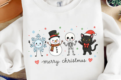 Cute Merry Christmas PNG, Snowman Skeleton Cat Christmas Sublimation Design