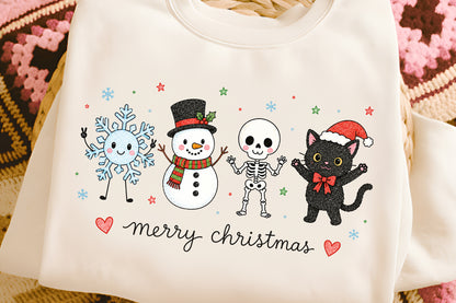 Cute Merry Christmas PNG, Snowman Skeleton Cat Christmas Sublimation Design