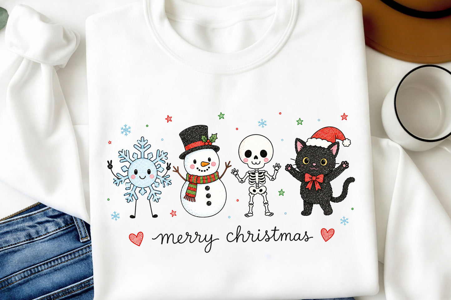 Cute Merry Christmas PNG, Snowman Skeleton Cat Christmas Sublimation Design