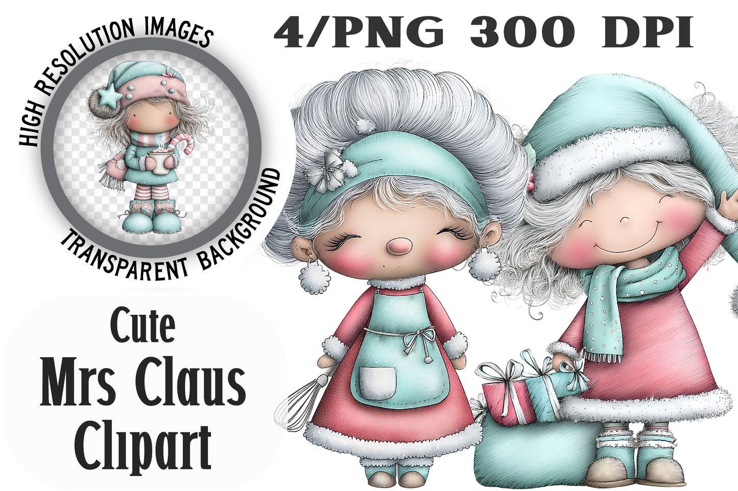 Cute Mrs. Claus Clipart PNG Bundle | Adorable Watercolor Christmas Mrs. Claus Clipart