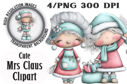 Cute Mrs. Claus Clipart PNG Bundle | Adorable Watercolor Christmas Mrs. Claus Clipart