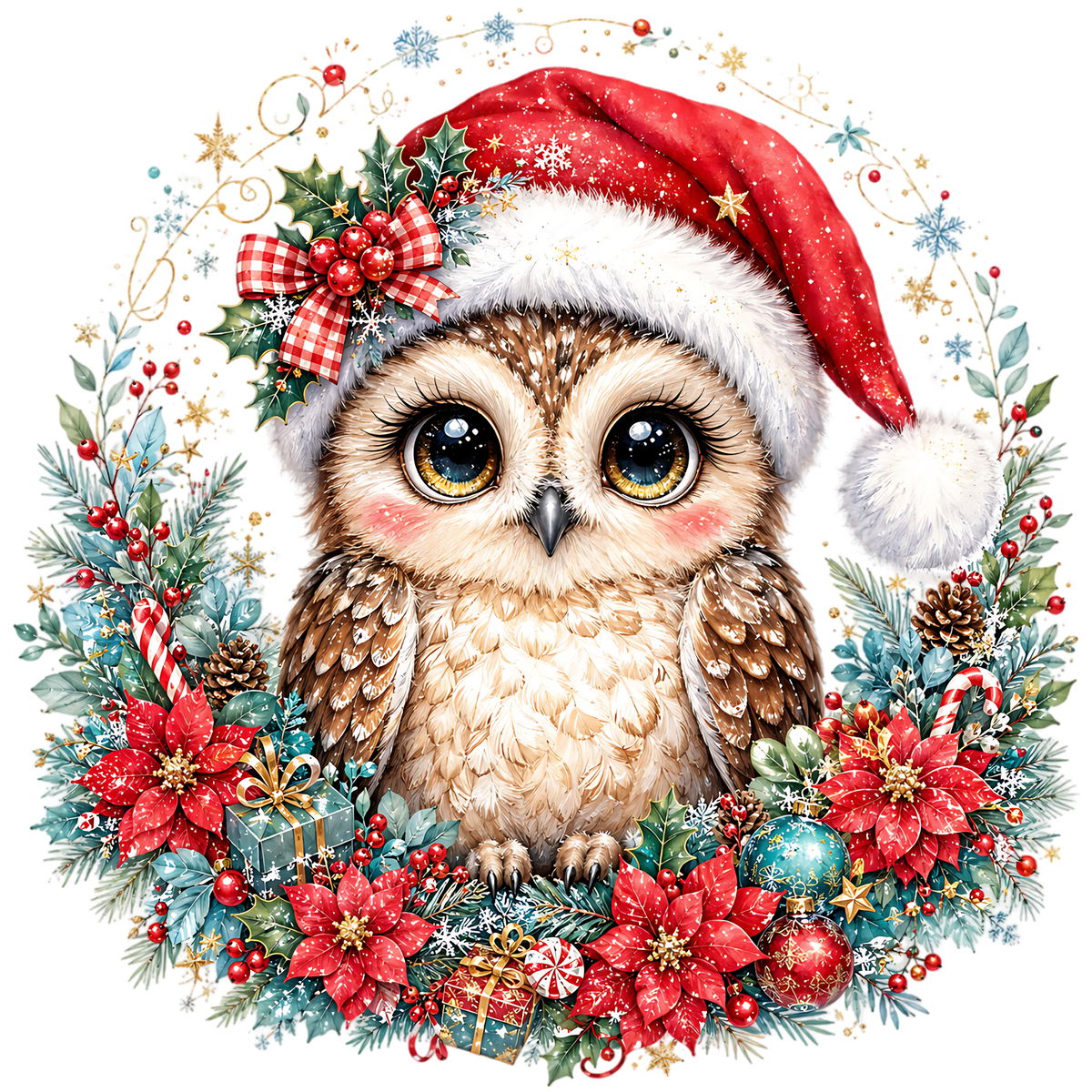 Cute Christmas Owl Floral Wreath PNG