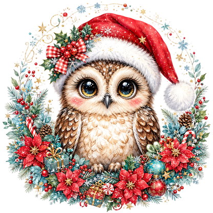 Cute Christmas Owl Floral Wreath PNG