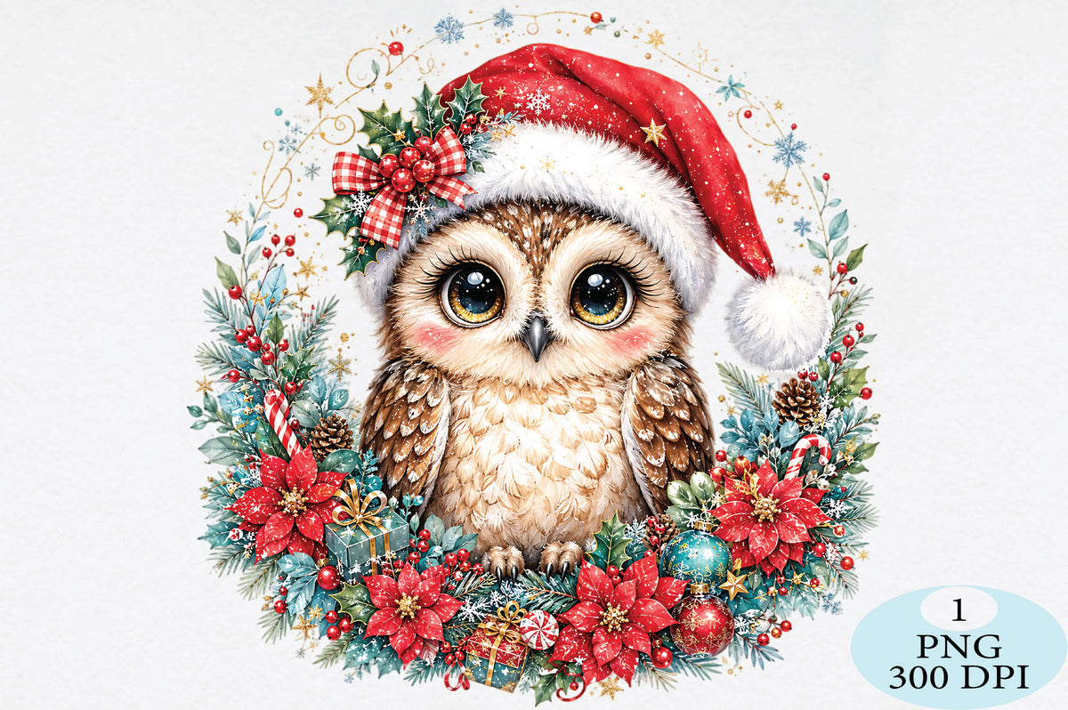 Cute Christmas Owl Floral Wreath PNG