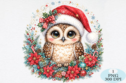 Cute Christmas Owl Floral Wreath PNG