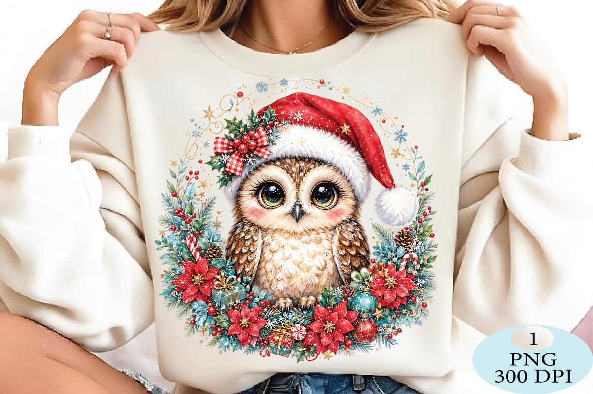 Cute Christmas Owl Floral Wreath PNG