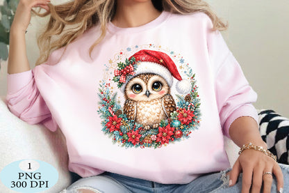 Cute Christmas Owl Floral Wreath PNG