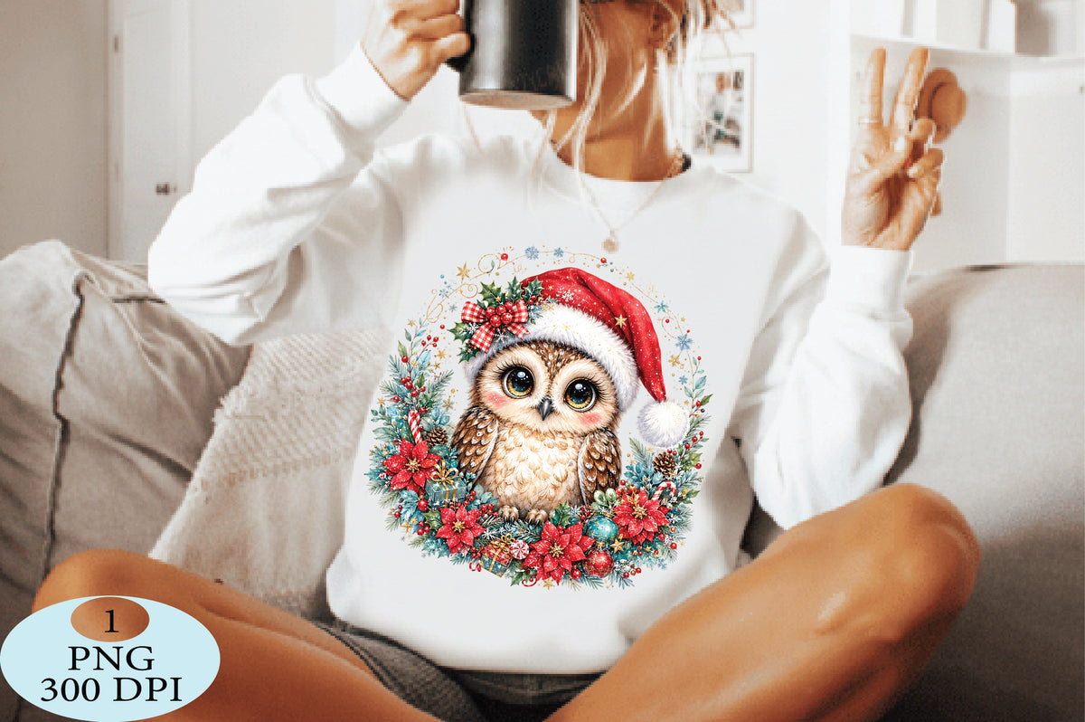 Cute Christmas Owl Floral Wreath PNG