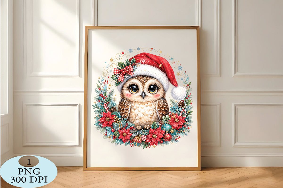 Cute Christmas Owl Floral Wreath PNG
