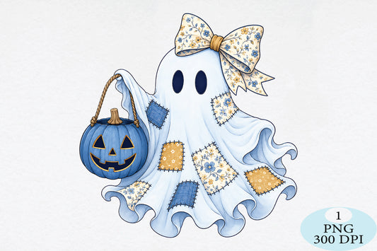 Cute Patchwork Ghost Pumpkin Halloween PNG