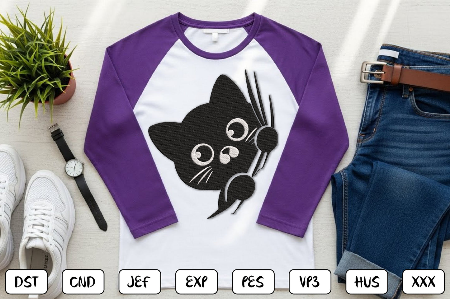 Cute Peeking Black Cat Embroidery Design – Adorable Halloween Kitty Machine Embroidery Pattern, Spooky Black Cat Embroidery Design