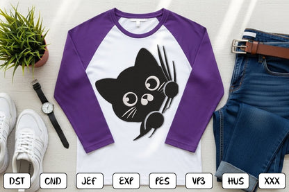 Cute Peeking Black Cat Embroidery Design – Adorable Halloween Kitty Machine Embroidery Pattern, Spooky Black Cat Embroidery Design