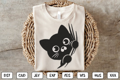 Cute Peeking Black Cat Embroidery Design – Adorable Halloween Kitty Machine Embroidery Pattern, Spooky Black Cat Embroidery Design