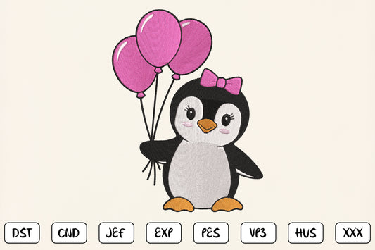 Cute Penguin Embroidery Design, Adorable Penguin Machine Embroidery Pattern, Kawaii Penguin with Pink Balloons Embroidery Design