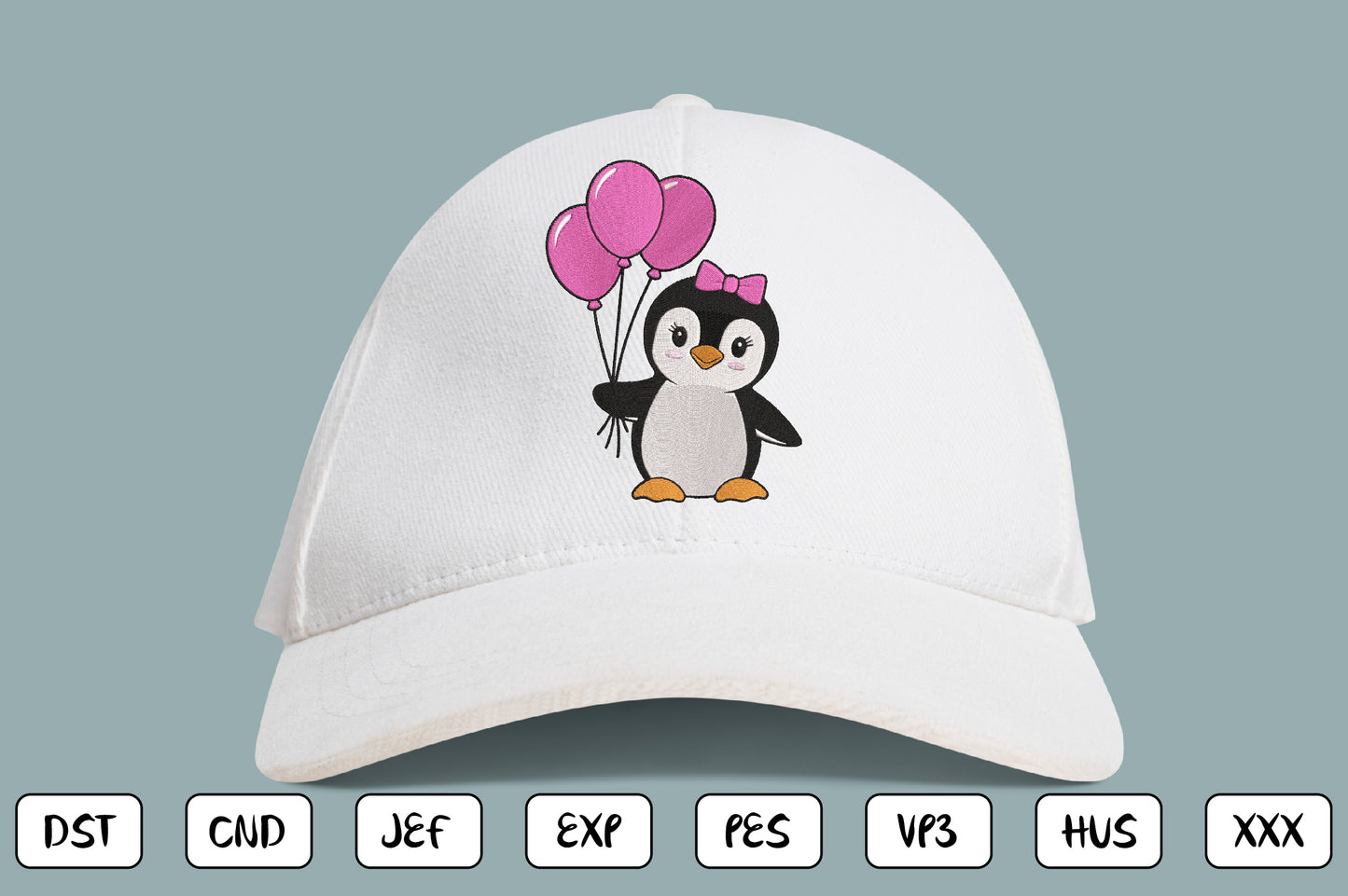 Cute Penguin Embroidery Design, Adorable Penguin Machine Embroidery Pattern, Kawaii Penguin with Pink Balloons Embroidery Design
