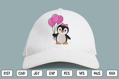 Cute Penguin Embroidery Design, Adorable Penguin Machine Embroidery Pattern, Kawaii Penguin with Pink Balloons Embroidery Design