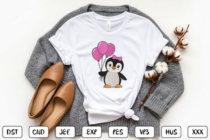 Cute Penguin Embroidery Design, Adorable Penguin Machine Embroidery Pattern, Kawaii Penguin with Pink Balloons Embroidery Design