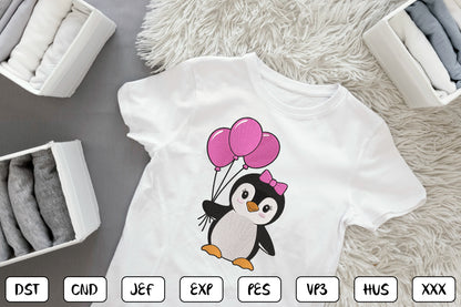 Cute Penguin Embroidery Design, Adorable Penguin Machine Embroidery Pattern, Kawaii Penguin with Pink Balloons Embroidery Design